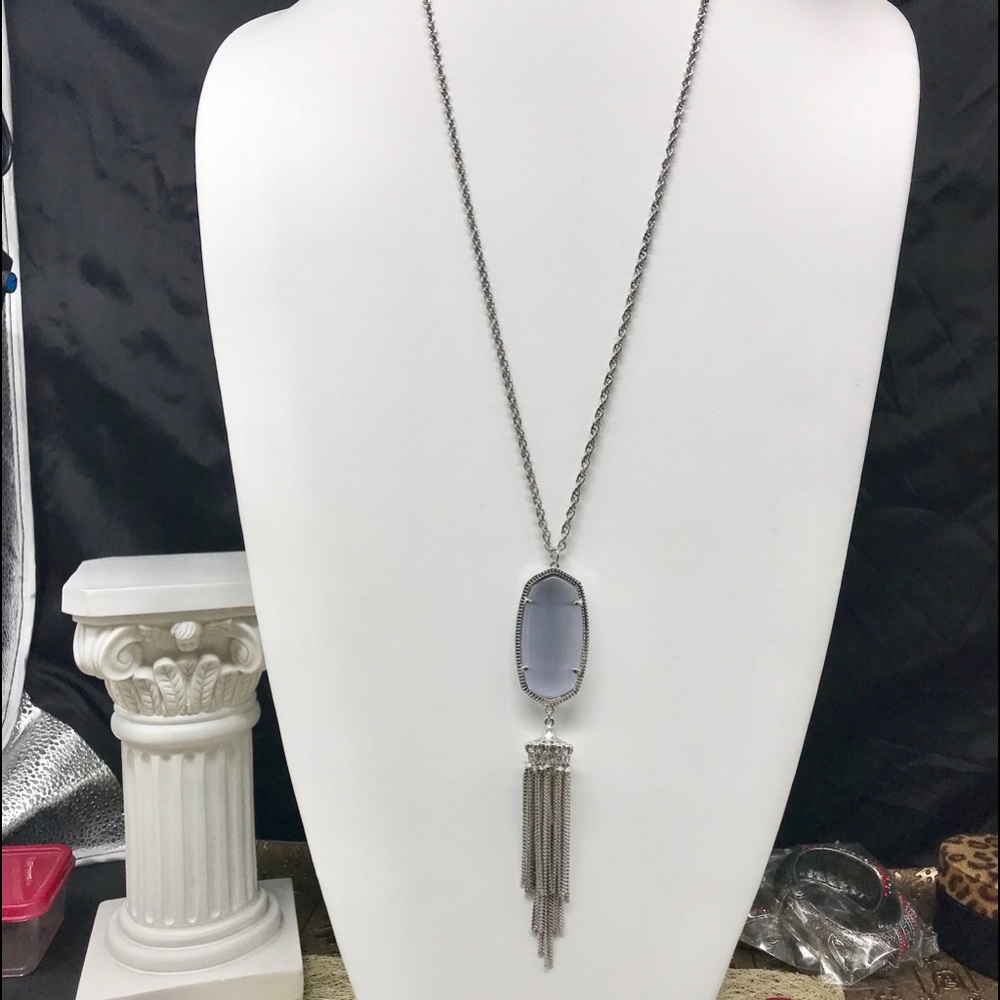Kendra Scott Rayne Cat's Eye Slate Gray Tassel long pendent necklace Silver tone